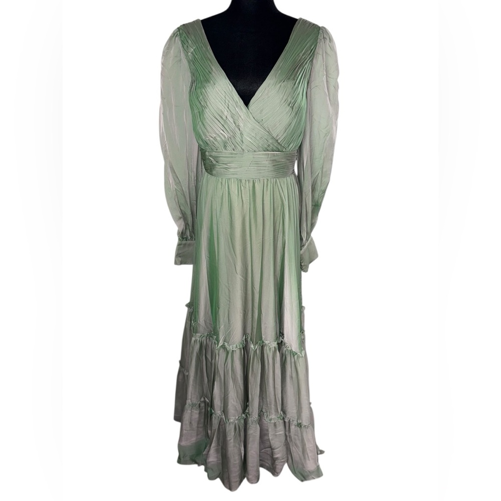 Mac Duggal FAUX WRAP ILLUSION BISHOP SLEEVE TIERED GOWN Sage NWT - Picture 8 of 16